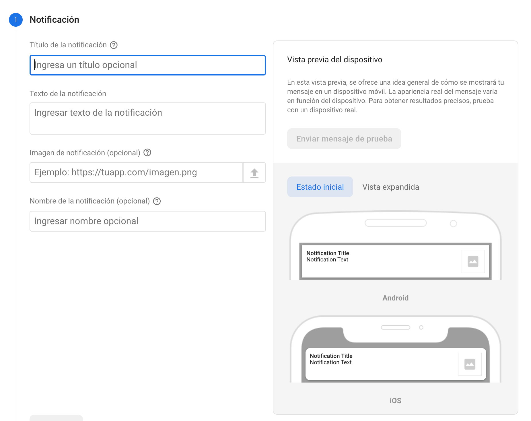 Formulario de envío de notificaciones